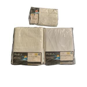 Vtg Pamela King‎ 3 piece Sears Perma-Prest Percale EYELET Flat Fitted Pillowcase